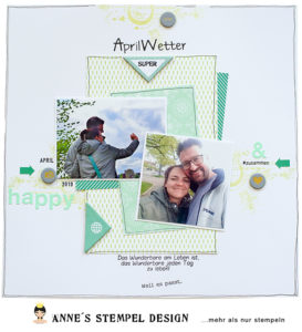 Scrapbookinglayout Beispiel mit Monatsstempel Mai und Hintergrundstempel